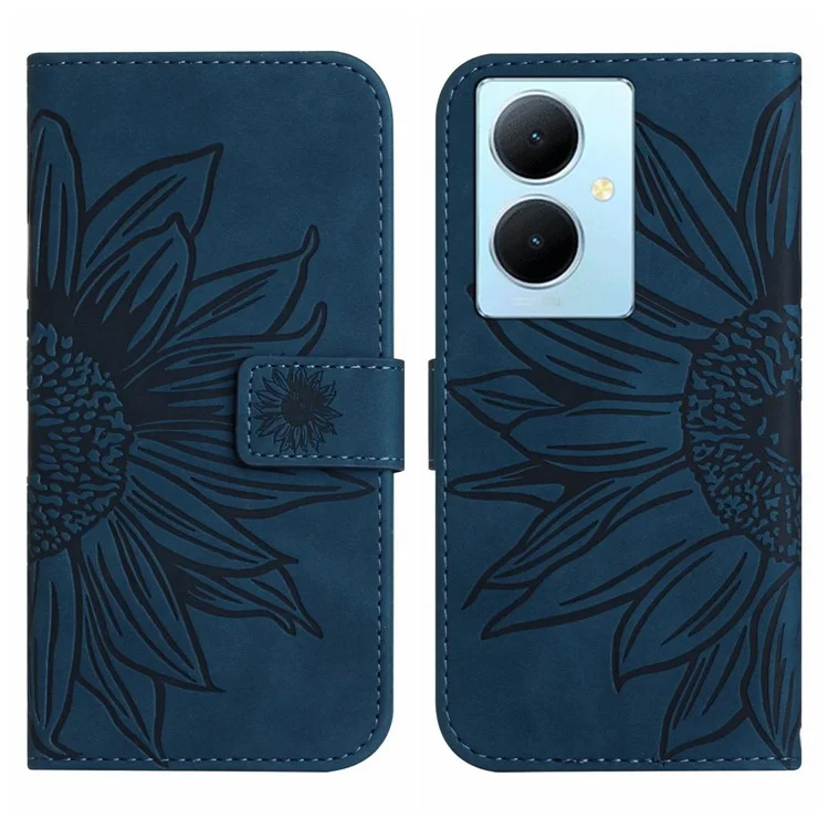 HT04 Para vivo Y78+ 5G Sunflower Imprint Phone Case Leather Wallet Stand Shell com Alça de Ombro - Azul Marinho