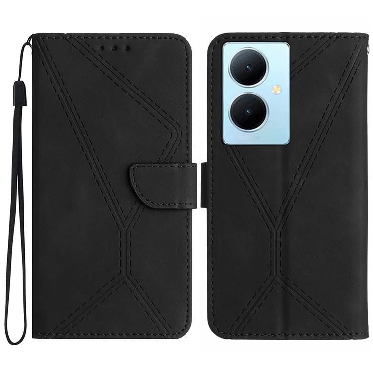 HT05 Für vivo Y78+ 5G Flip Stand Wallet Leder-Cover Skin-touch Geprägte Linie Handy-Hülle - Schwarz