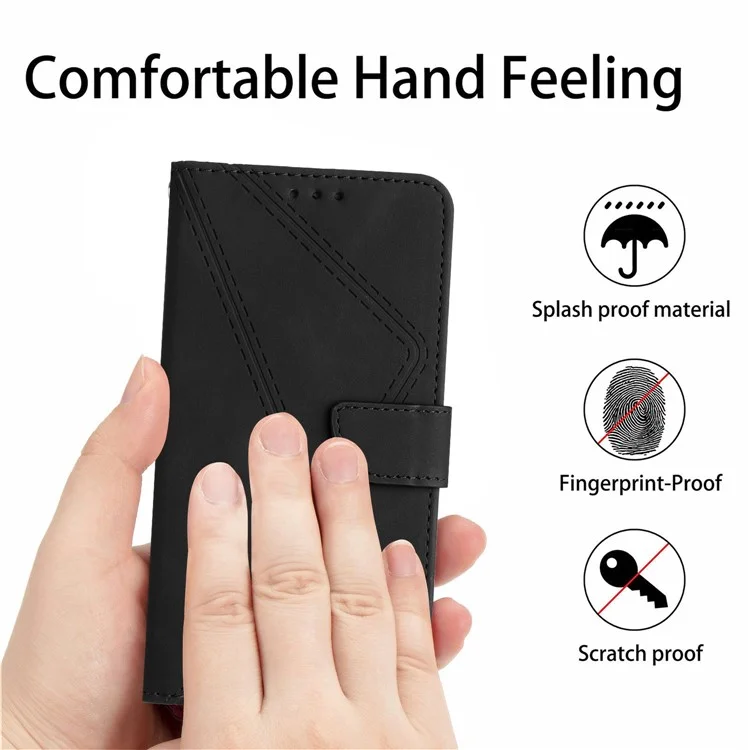 HT05 Für vivo Y78+ 5G Flip Stand Wallet Leder-Cover Skin-touch Geprägte Linie Handy-Hülle - Schwarz