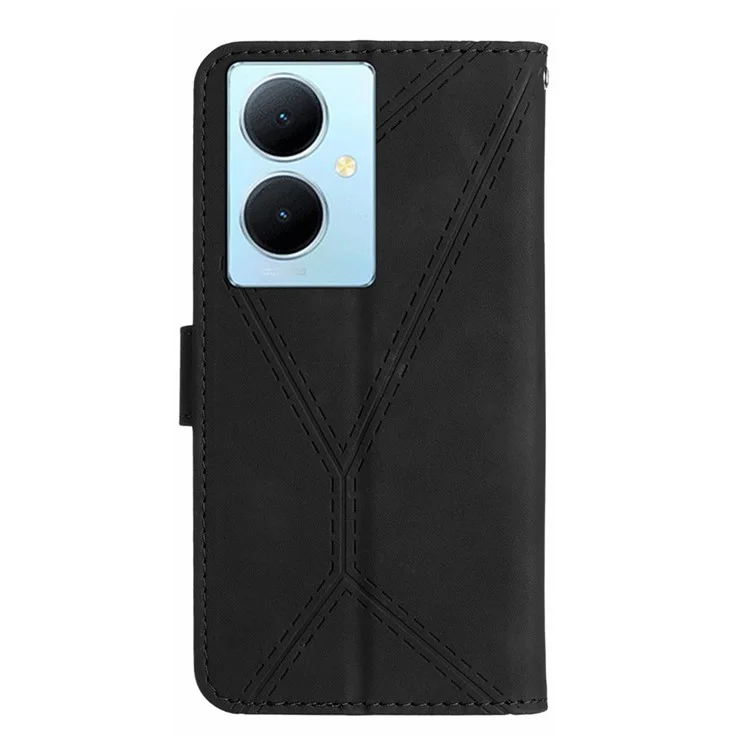 HT05 Für vivo Y78+ 5G Flip Stand Wallet Leder-Cover Skin-touch Geprägte Linie Handy-Hülle - Schwarz