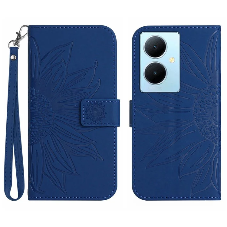 HT04 Handyhülle für vivo Y78+ 5G, Leder-Brieftasche Sonnenblumen-Muster Ständer Cover mit Handschlaufe - Saphir