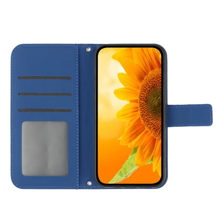 HT04 Handyhülle für vivo Y78+ 5G, Leder-Brieftasche Sonnenblumen-Muster Ständer Cover mit Handschlaufe - Saphir
