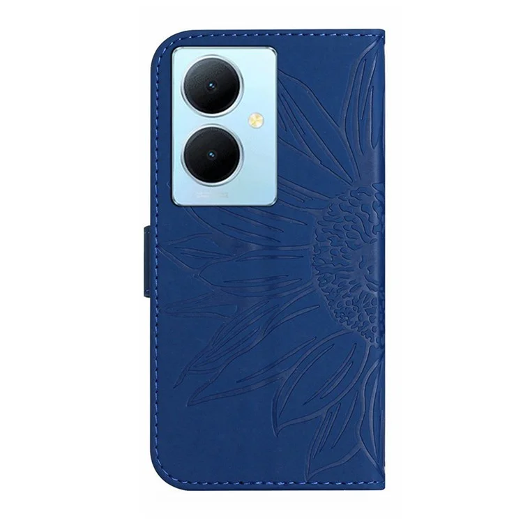 HT04 Handyhülle für vivo Y78+ 5G, Leder-Brieftasche Sonnenblumen-Muster Ständer Cover mit Handschlaufe - Saphir