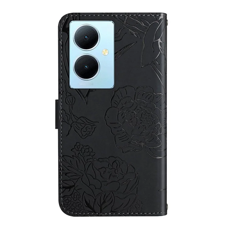 HT03 For vivo Y78+ 5G PU Leather Phone Cover Imprinted Flip Stand Wallet Case with Shoulder Strap - Black