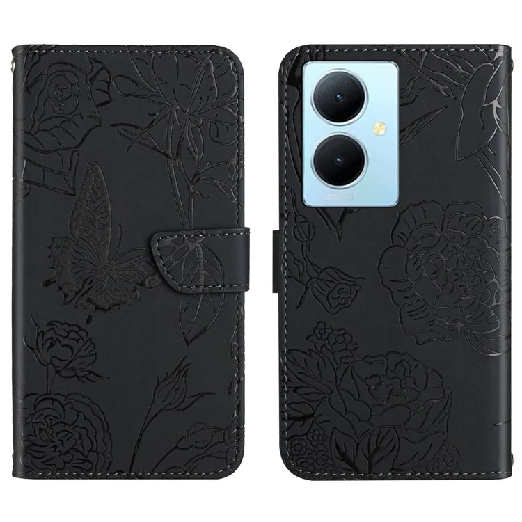 HT03 For vivo Y78+ 5G PU Leather Phone Cover Imprinted Flip Stand Wallet Case with Shoulder Strap - Black