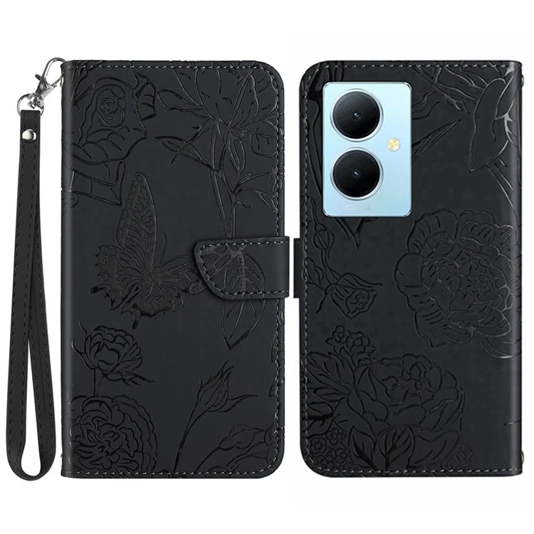 HT03 Für vivo Y78+ 5G Leder Handyhülle Schmetterling Prägung Flip Ständer Brieftasche Cover mit Handgelenkriem - Schwarz