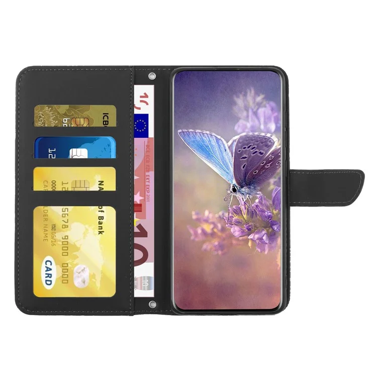 HT03 Für vivo Y78+ 5G Leder Handyhülle Schmetterling Prägung Flip Ständer Brieftasche Cover mit Handgelenkriem - Schwarz