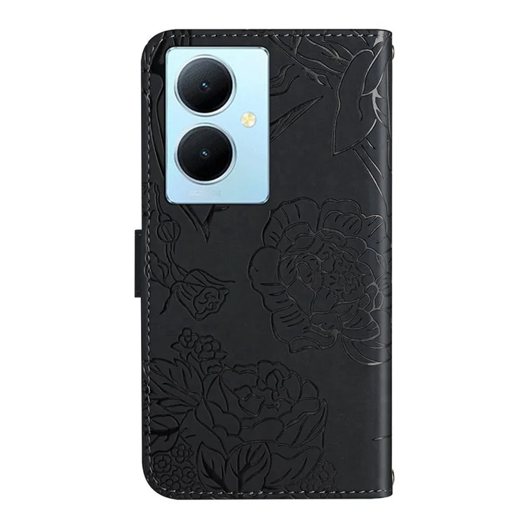 HT03 Für vivo Y78+ 5G Leder Handyhülle Schmetterling Prägung Flip Ständer Brieftasche Cover mit Handgelenkriem - Schwarz