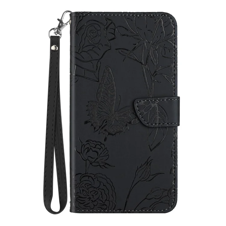 HT03 Für vivo Y78+ 5G Leder Handyhülle Schmetterling Prägung Flip Ständer Brieftasche Cover mit Handgelenkriem - Schwarz