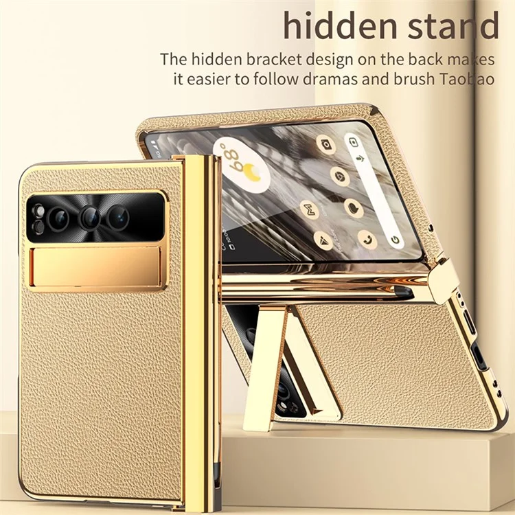 For Google Pixel Fold PU Leather+PC Phone Case Magnetic Double Hinge Kickstand Cover with Tempered Glass Screen Film+Stylus - Gold
