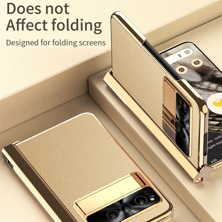 For Google Pixel Fold PU Leather+PC Phone Case Magnetic Double Hinge Kickstand Cover with Tempered Glass Screen Film+Stylus - Gold
