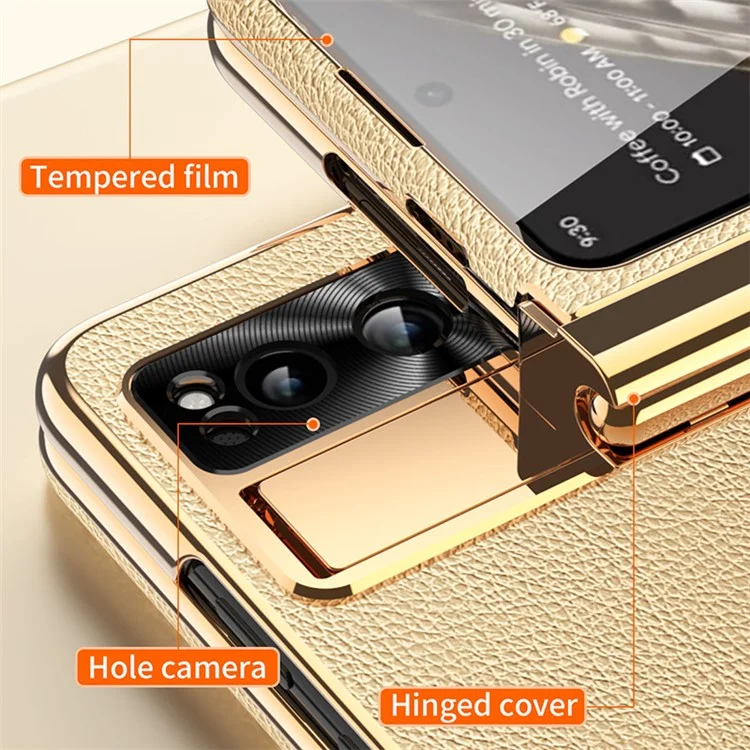 For Google Pixel Fold PU Leather+PC Phone Case Magnetic Double Hinge Kickstand Cover with Tempered Glass Screen Film+Stylus - Gold