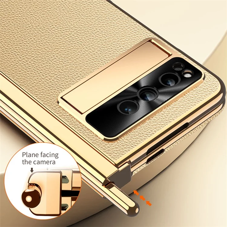 For Google Pixel Fold PU Leather+PC Phone Case Magnetic Double Hinge Kickstand Cover with Tempered Glass Screen Film+Stylus - Gold