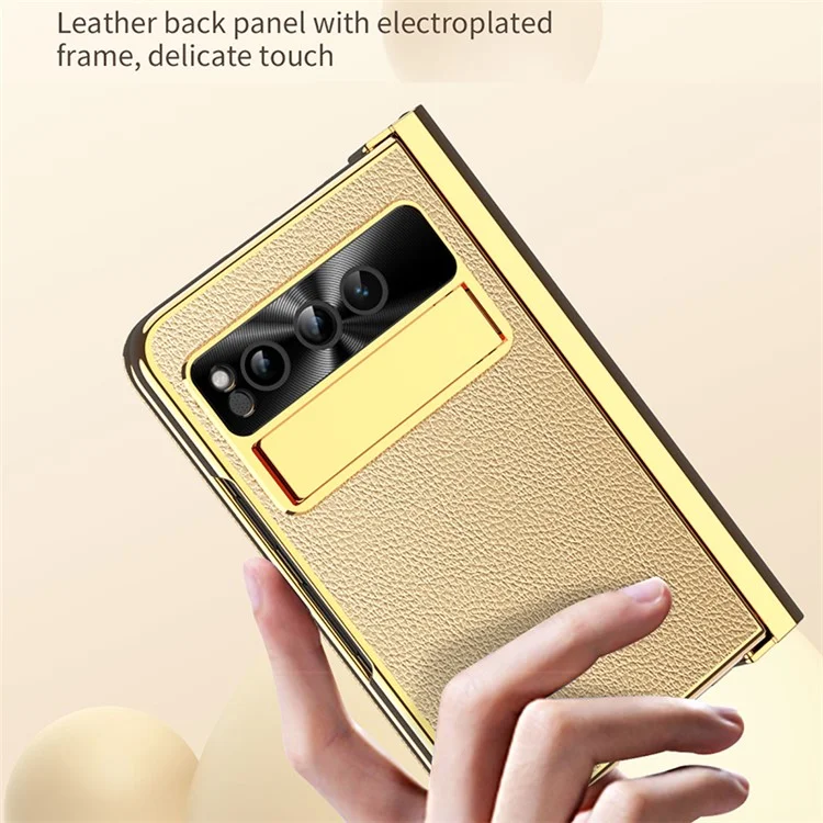 For Google Pixel Fold PU Leather+PC Phone Case Magnetic Double Hinge Kickstand Cover with Tempered Glass Screen Film+Stylus - Gold