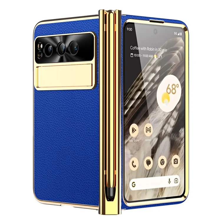 Pour Google Pixel Fold PU Cuir+PC Support Téléphone Cas Pliable Charnière Magnétique Texture Litchi Couvrir avec Verre Trempé Écran Film+Stylet - Bleu Foncé
