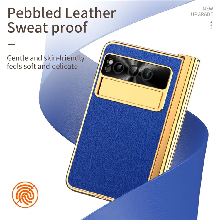 Pour Google Pixel Fold PU Cuir+PC Support Téléphone Cas Pliable Charnière Magnétique Texture Litchi Couvrir avec Verre Trempé Écran Film+Stylet - Bleu Foncé