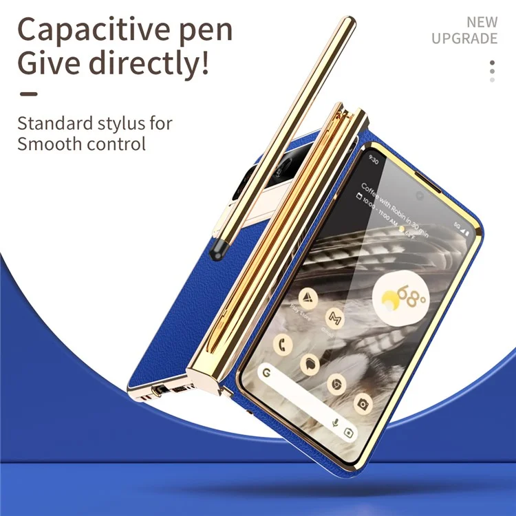 Pour Google Pixel Fold PU Cuir+PC Support Téléphone Cas Pliable Charnière Magnétique Texture Litchi Couvrir avec Verre Trempé Écran Film+Stylet - Bleu Foncé