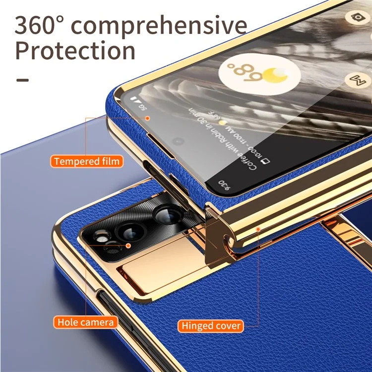 Pour Google Pixel Fold PU Cuir+PC Support Téléphone Cas Pliable Charnière Magnétique Texture Litchi Couvrir avec Verre Trempé Écran Film+Stylet - Bleu Foncé