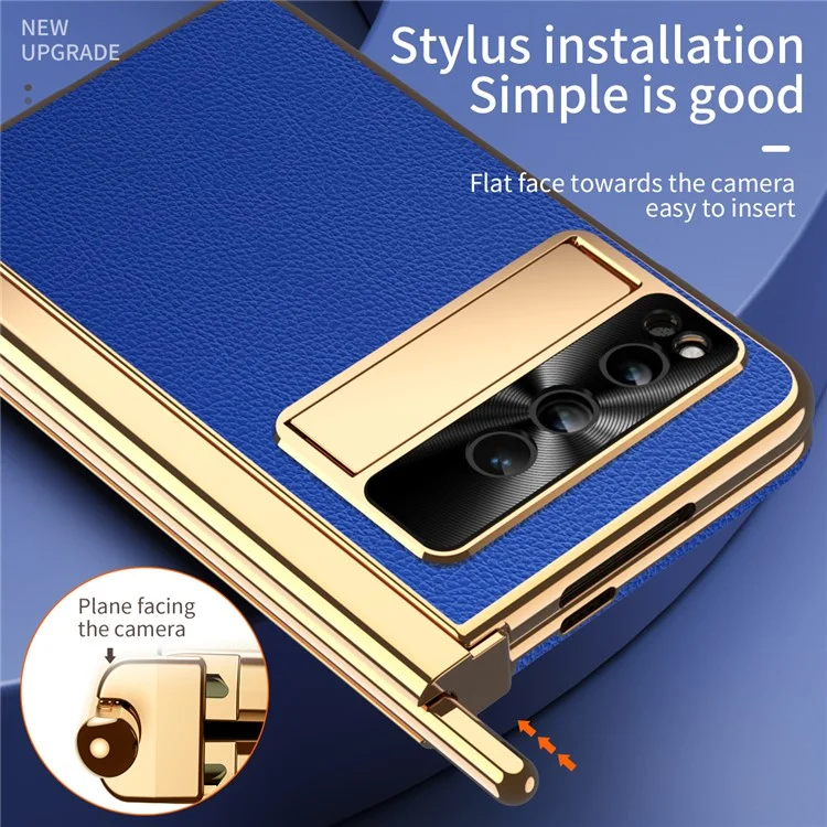 Pour Google Pixel Fold PU Cuir+PC Support Téléphone Cas Pliable Charnière Magnétique Texture Litchi Couvrir avec Verre Trempé Écran Film+Stylet - Bleu Foncé