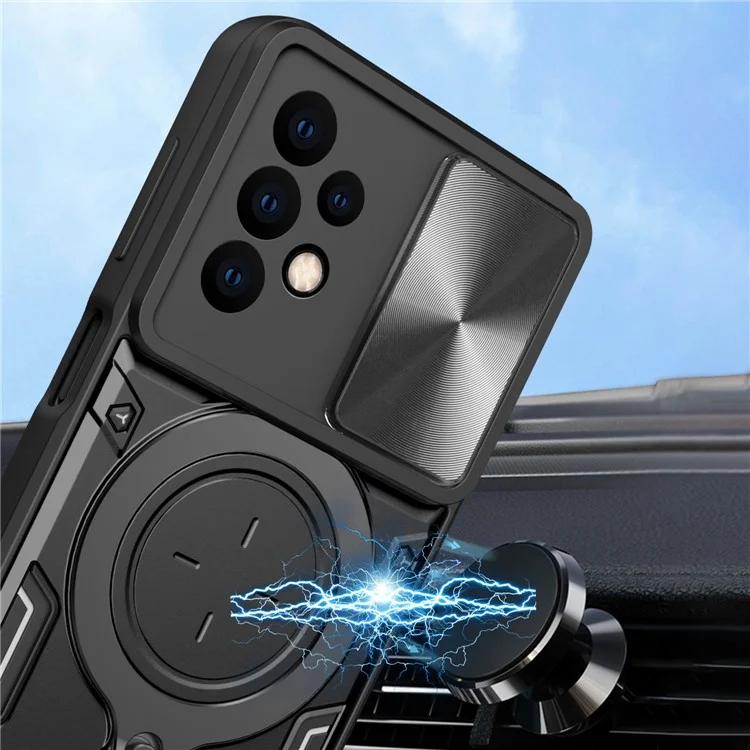 Para Samsung Galaxy A23 4G / A23 5G (Versão Global) Slide Camera Lid Drop-proof Case Rotating Kickstand PC+TPU Phone Cover - Preto