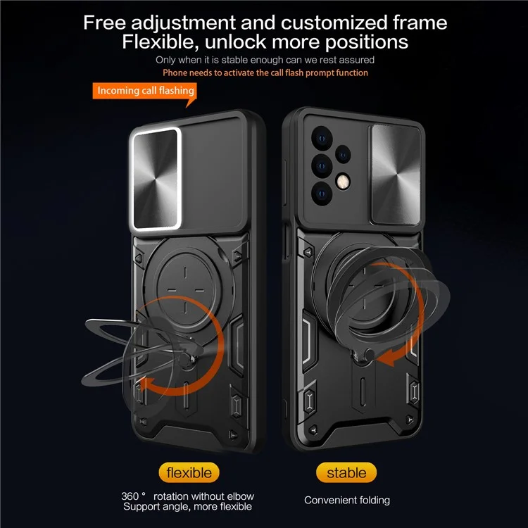 Para Samsung Galaxy A23 4G / A23 5G (Versão Global) Slide Camera Lid Drop-proof Case Rotating Kickstand PC+TPU Phone Cover - Preto