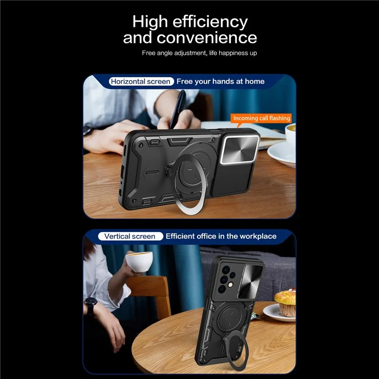 Para Samsung Galaxy A23 4G / A23 5G (Versão Global) Slide Camera Lid Drop-proof Case Rotating Kickstand PC+TPU Phone Cover - Preto