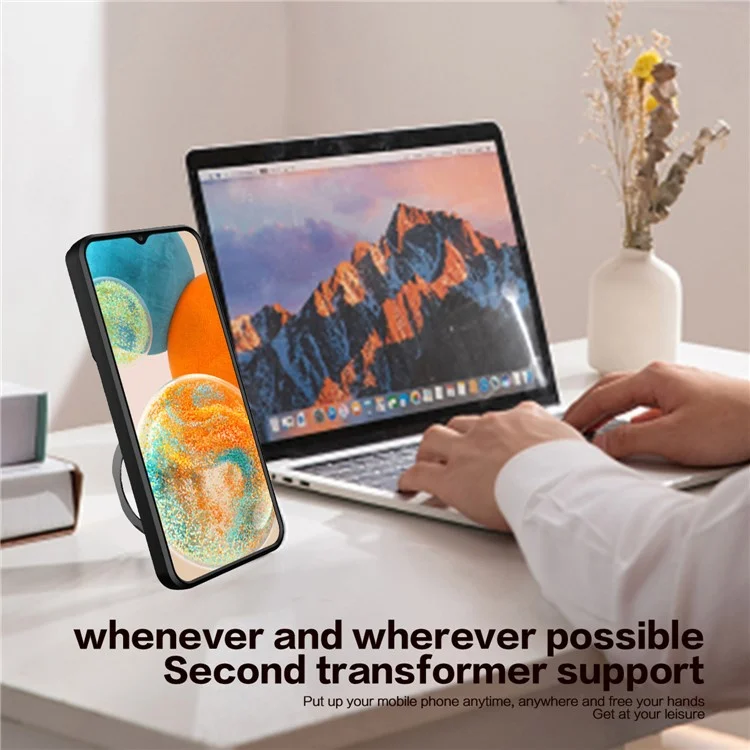 Para Samsung Galaxy A23 4G / A23 5G (Versão Global) Slide Camera Lid Drop-proof Case Rotating Kickstand PC+TPU Phone Cover - Preto