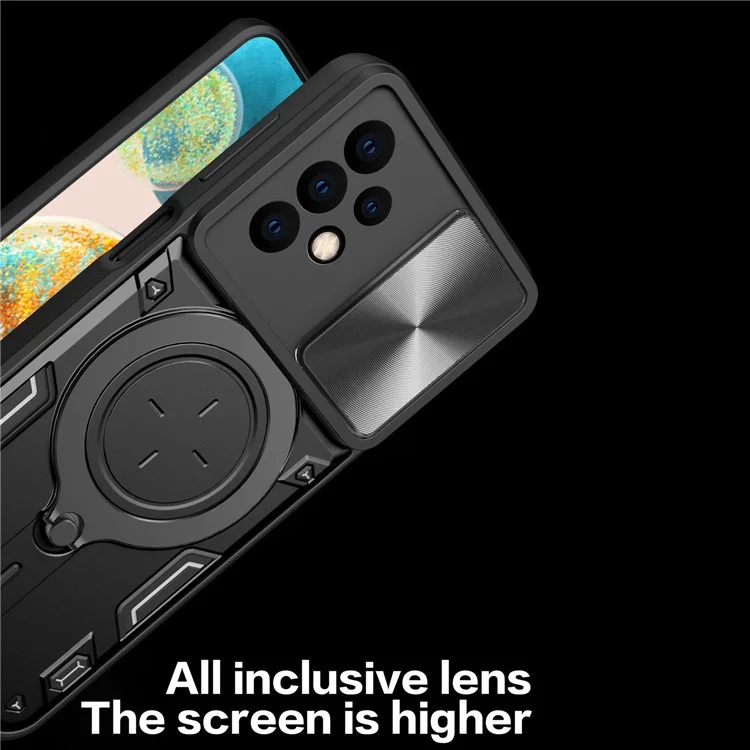 Para Samsung Galaxy A23 4G / A23 5G (Versão Global) Slide Camera Lid Drop-proof Case Rotating Kickstand PC+TPU Phone Cover - Preto