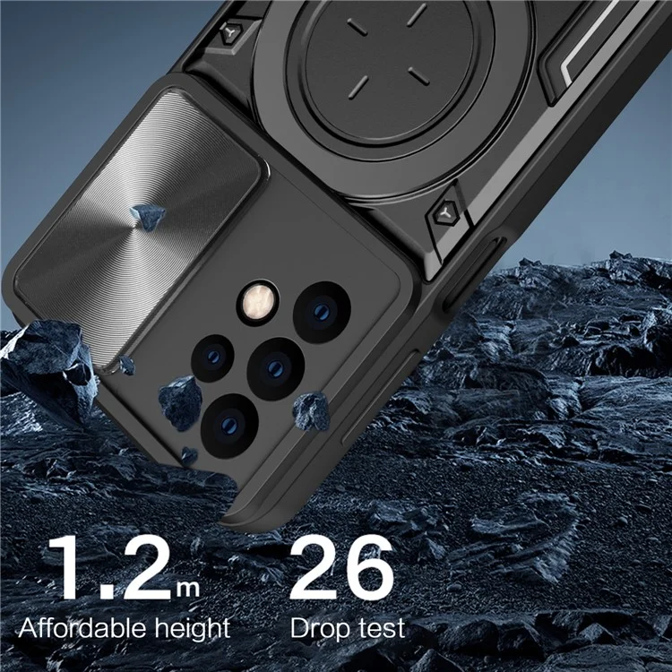 Para Samsung Galaxy A23 4G / A23 5G (Versão Global) Slide Camera Lid Drop-proof Case Rotating Kickstand PC+TPU Phone Cover - Preto