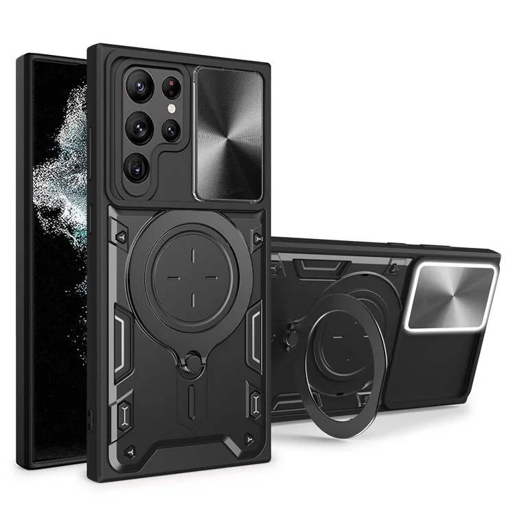 Para Samsung Galaxy S22 Ultra 5G Rotatable Kickstand Phone Case Shockproof PC+TPU Cover with Slide Camera Lid - Preto