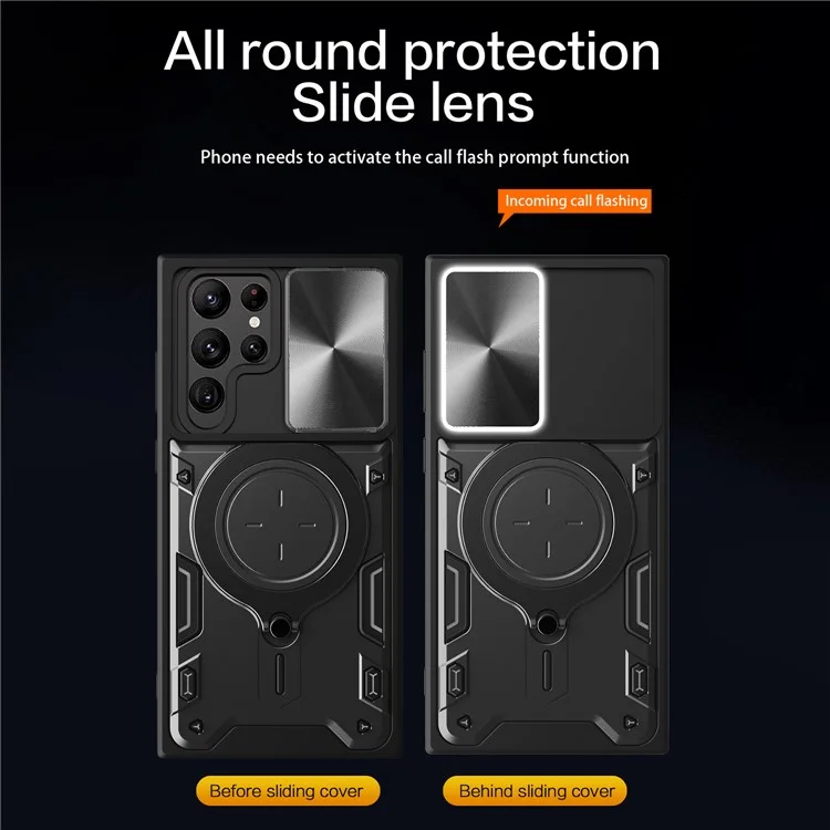 Para Samsung Galaxy S22 Ultra 5G Rotatable Kickstand Phone Case Shockproof PC+TPU Cover with Slide Camera Lid - Preto