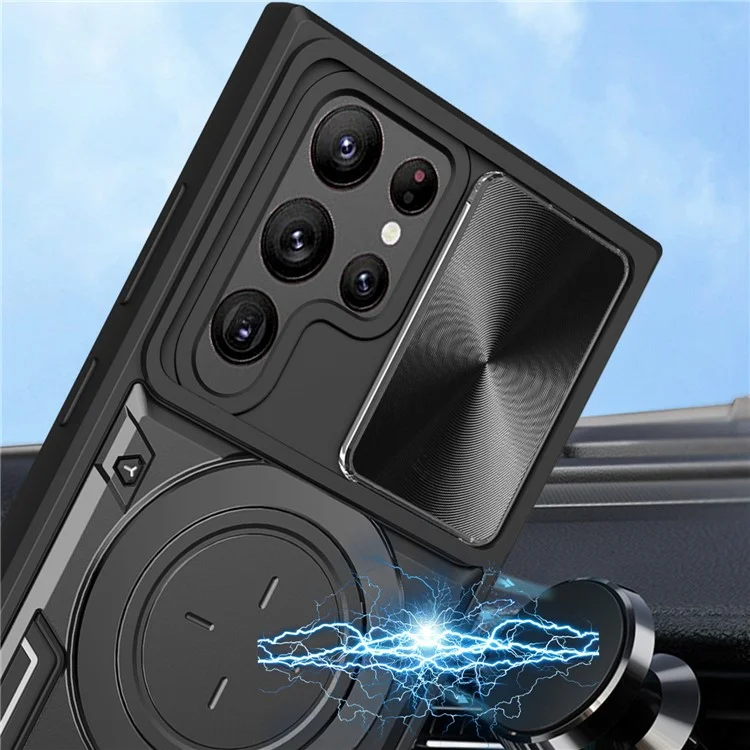 Para Samsung Galaxy S22 Ultra 5G Rotatable Kickstand Phone Case Shockproof PC+TPU Cover with Slide Camera Lid - Preto