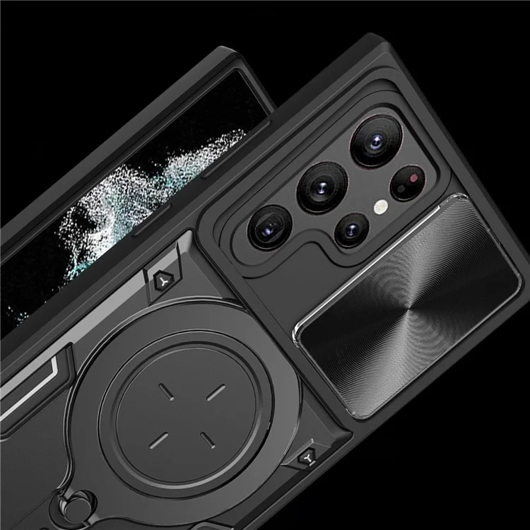 Para Samsung Galaxy S22 Ultra 5G Rotatable Kickstand Phone Case Shockproof PC+TPU Cover with Slide Camera Lid - Preto