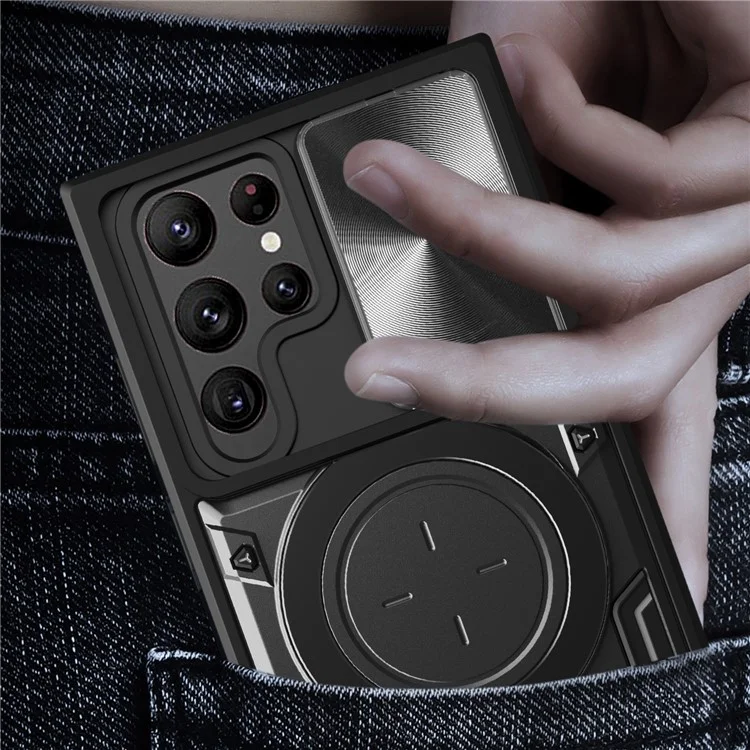Para Samsung Galaxy S22 Ultra 5G Rotatable Kickstand Phone Case Shockproof PC+TPU Cover with Slide Camera Lid - Preto