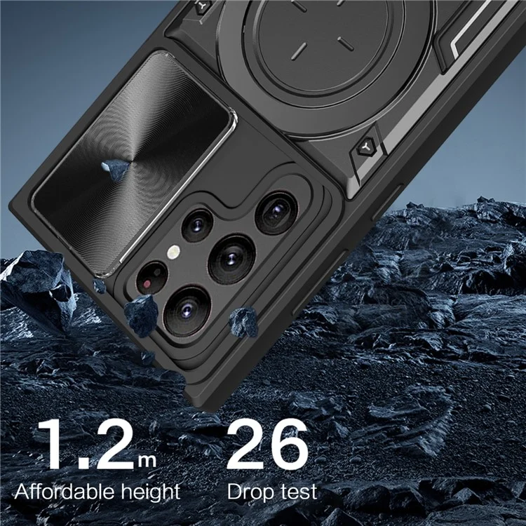 Para Samsung Galaxy S22 Ultra 5G Rotatable Kickstand Phone Case Shockproof PC+TPU Cover with Slide Camera Lid - Preto