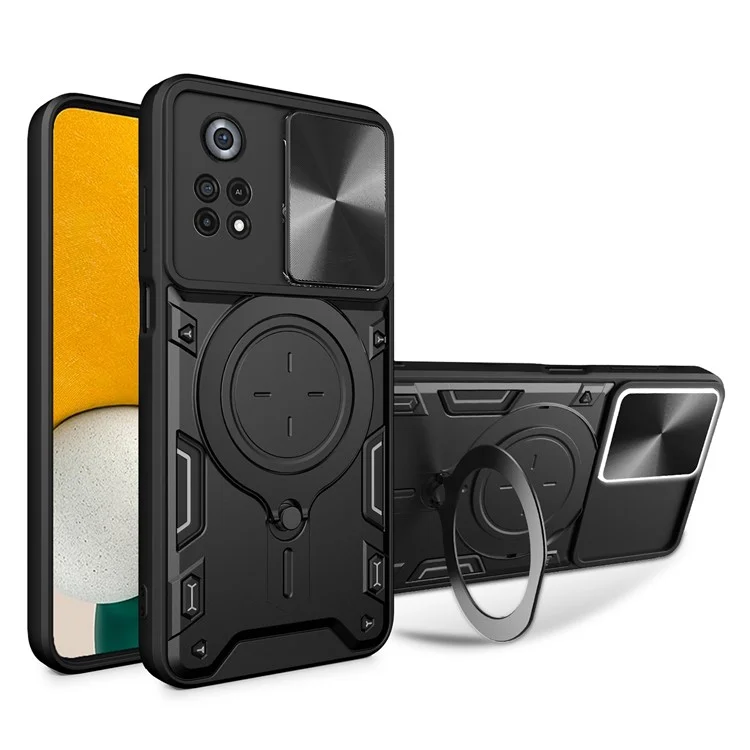 Para Xiaomi Poco X4 Pro 5G Slide Camera Guard Phone Case Shockproof PC+TPU Cover with Rotating Kickstand - Black