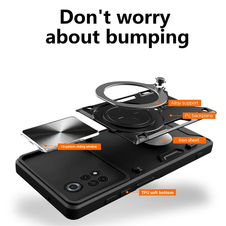 Para Xiaomi Poco X4 Pro 5G Slide Camera Guard Phone Case Shockproof PC+TPU Cover with Rotating Kickstand - Black