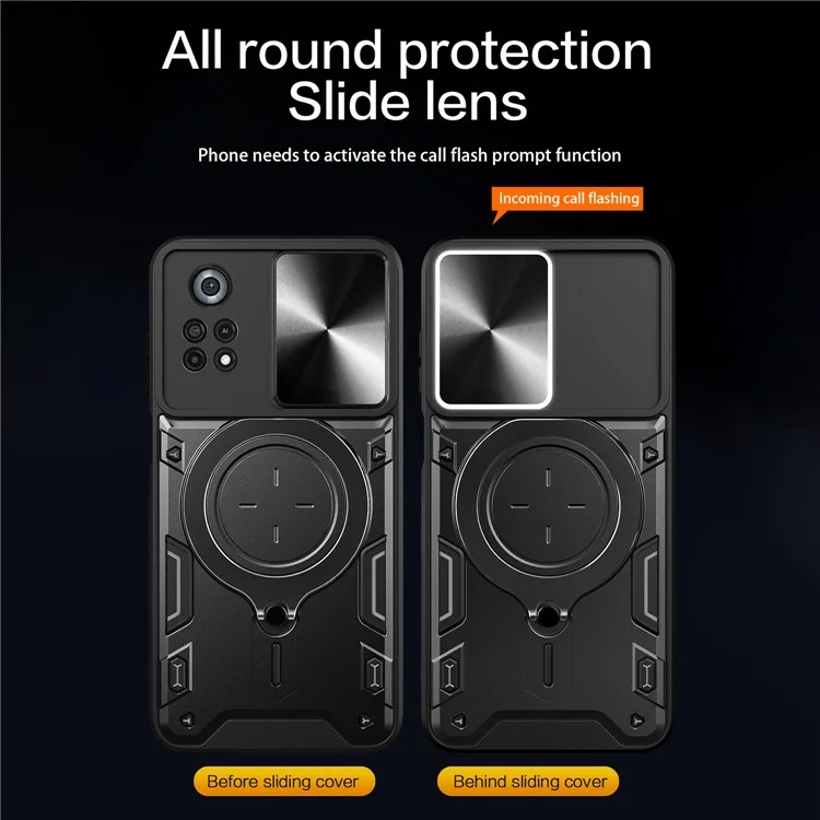 Para Xiaomi Poco X4 Pro 5G Slide Camera Guard Phone Case Shockproof PC+TPU Cover with Rotating Kickstand - Black