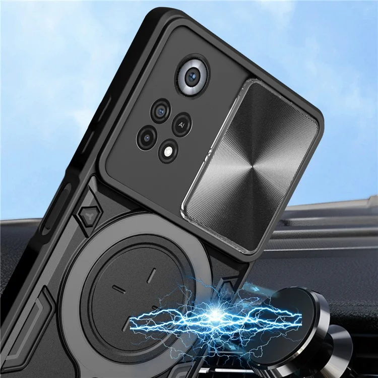 Para Xiaomi Poco X4 Pro 5G Slide Camera Guard Phone Case Shockproof PC+TPU Cover with Rotating Kickstand - Black