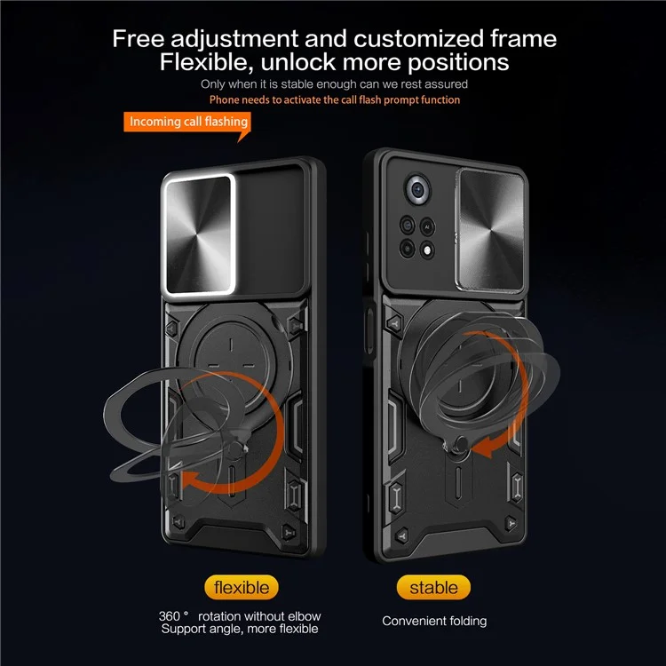 Para Xiaomi Poco X4 Pro 5G Slide Camera Guard Phone Case Shockproof PC+TPU Cover with Rotating Kickstand - Black