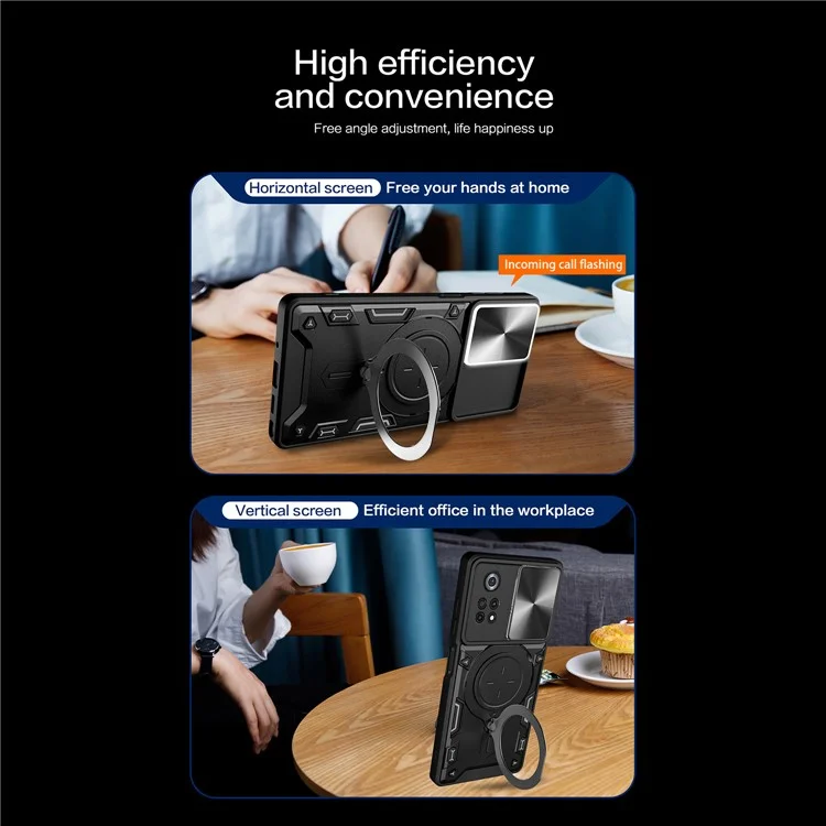 Para Xiaomi Poco X4 Pro 5G Slide Camera Guard Phone Case Shockproof PC+TPU Cover with Rotating Kickstand - Black