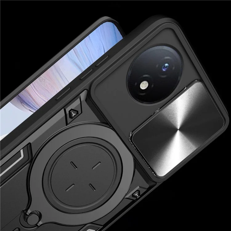 Para Xiaomi Poco X4 Pro 5G Slide Camera Guard Phone Case Shockproof PC+TPU Cover with Rotating Kickstand - Black