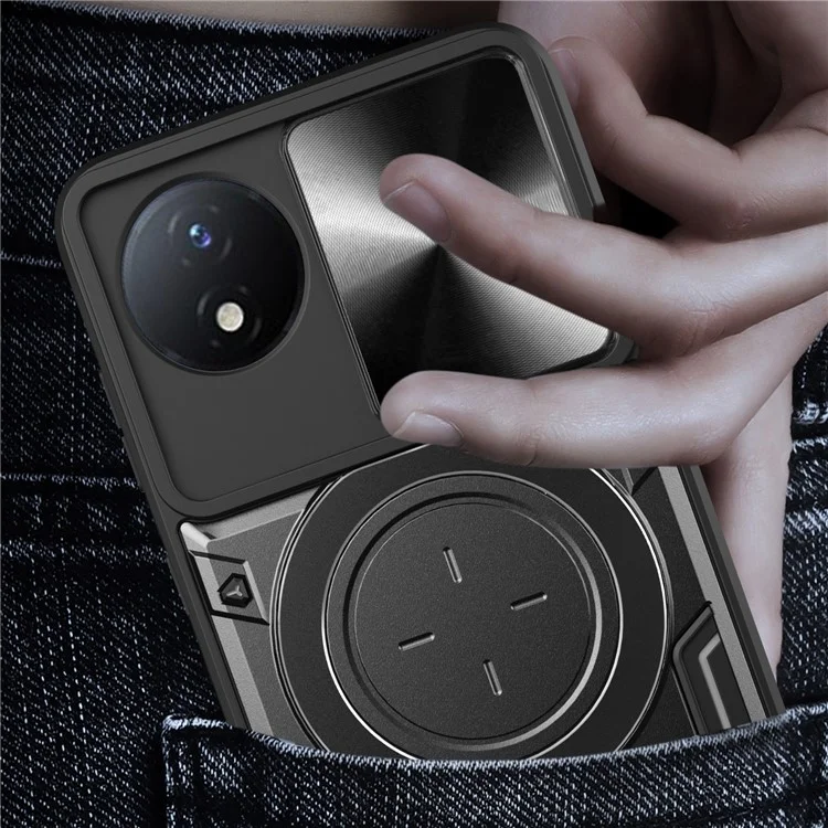 Para Xiaomi Poco X4 Pro 5G Slide Camera Guard Phone Case Shockproof PC+TPU Cover with Rotating Kickstand - Black