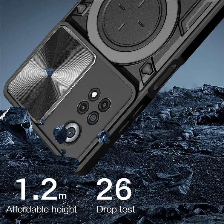 Para Xiaomi Poco X4 Pro 5G Slide Camera Guard Phone Case Shockproof PC+TPU Cover with Rotating Kickstand - Black