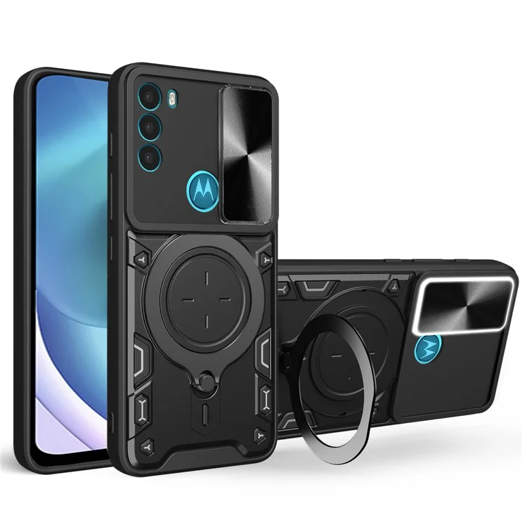 Für Motorola Moto G71 5G Free Rotation Kickstand Handyhülle Slide Camera Lid PC+TPU Rückseite - Schwarz