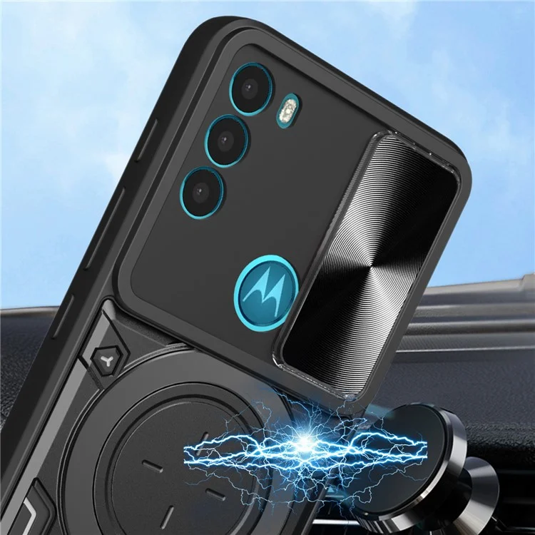 Für Motorola Moto G71 5G Free Rotation Kickstand Handyhülle Slide Camera Lid PC+TPU Rückseite - Schwarz