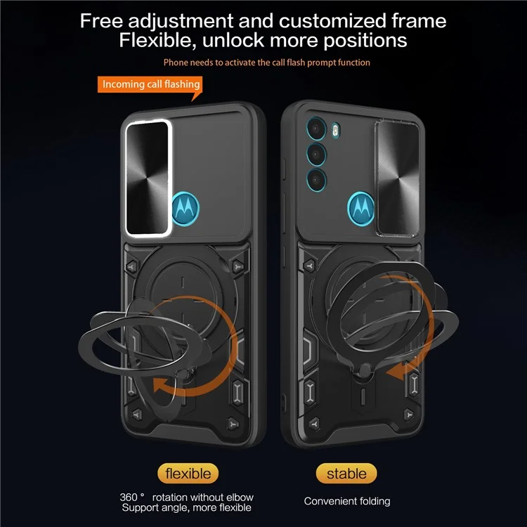 Für Motorola Moto G71 5G Free Rotation Kickstand Handyhülle Slide Camera Lid PC+TPU Rückseite - Schwarz