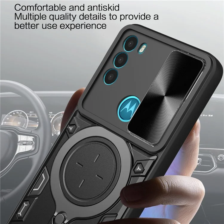 Für Motorola Moto G71 5G Free Rotation Kickstand Handyhülle Slide Camera Lid PC+TPU Rückseite - Schwarz