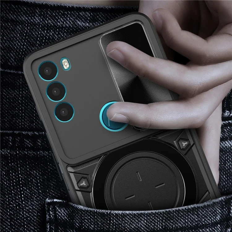 Für Motorola Moto G71 5G Free Rotation Kickstand Handyhülle Slide Camera Lid PC+TPU Rückseite - Schwarz