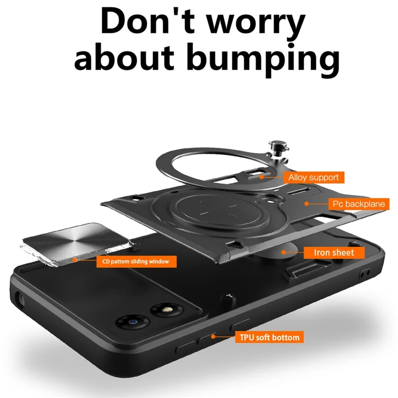 Pour Motorola Moto E13 4G Slide Camera Lid Smartphone Case Rotating Kickstand PC+TPU Cover - Noir